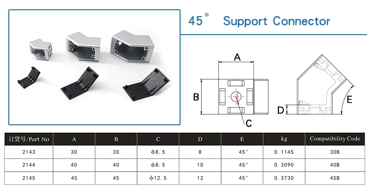 China Manufacturer 45 Degree Support Connector 45b for 45 Series Industrial Aluminum Profile Corner Bracket